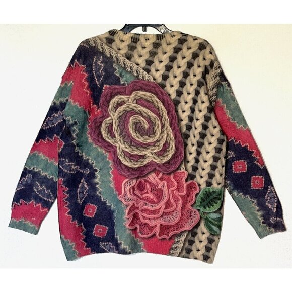 New Yesno Wool Cotton Roses Graphic Oversized Crew Neck Sweater Pullover - Picture 3 of 5